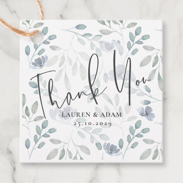 Boho Eucalyptus Chic Dusty Blue Mönster Bröllop Gåvor Etiketter (Framsida)