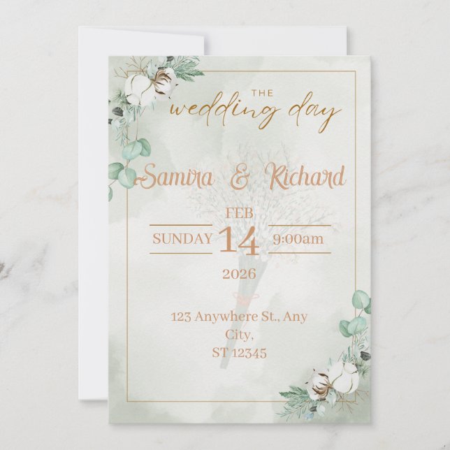Boho Eucalyptus & Cotton Wedding Invitation Inbjudningar (Framsida)
