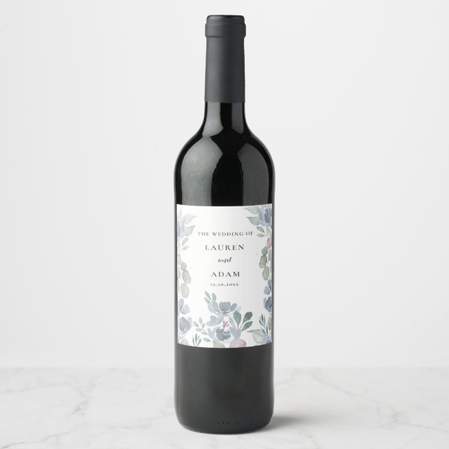 Boho Eucalyptus & Dustiga Blå Blommor Bröllop  Vinflaska Etikett (Framsida)