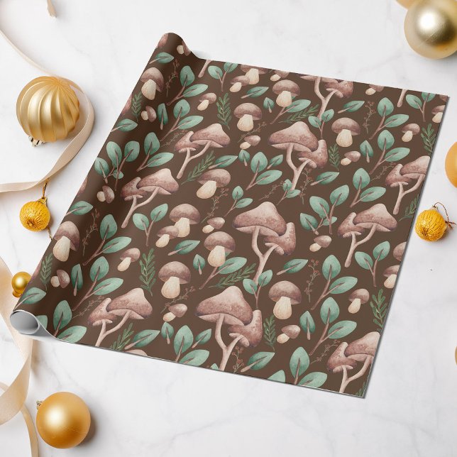 Boho Eucalyptus Forest Mushroom Mörk Brown Presentpapper (Skapare uppladdad)