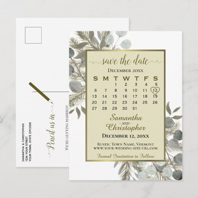 Boho Eucalyptus & Gräs Guld Spara datumkalender Meddelande Vykort (Fram/baksida)