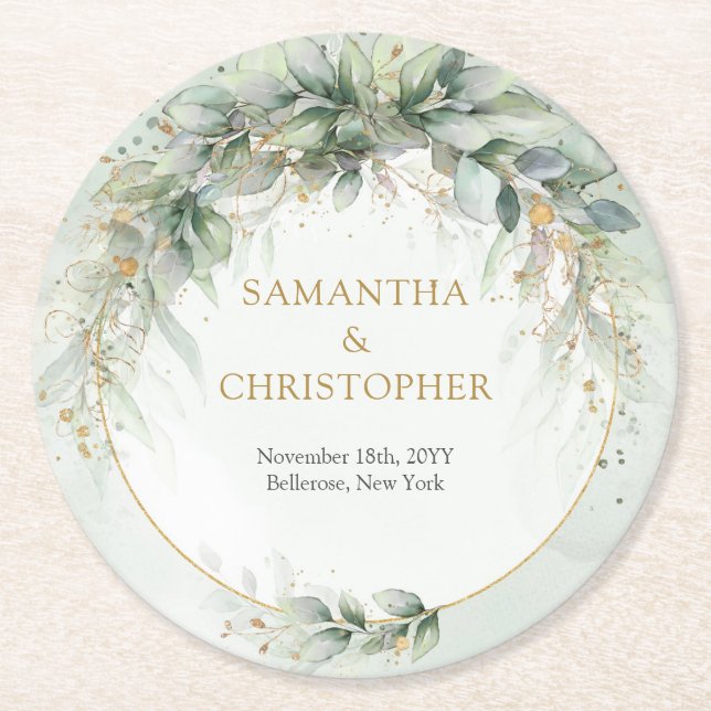 Boho eucalyptus greenery foliage guld oval arch underlägg papper rund (Framsidan)
