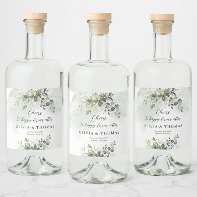 Boho eucalyptus greenery foliage guld sparkles spritflaskor etikett (Flaskor)