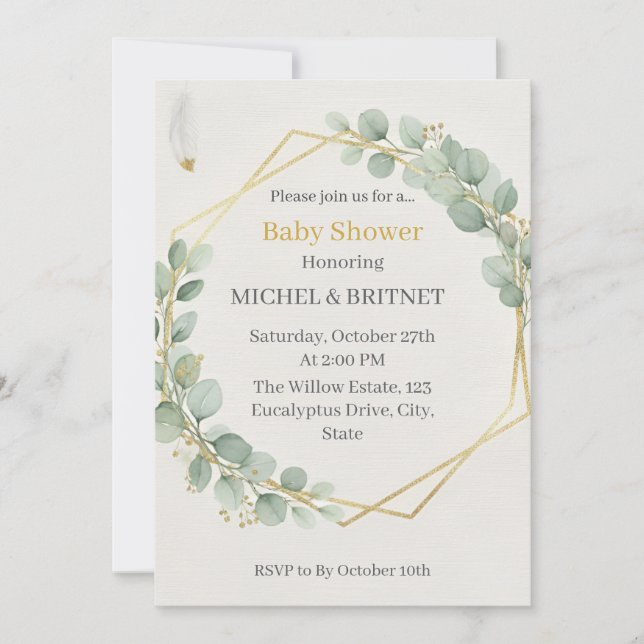 Boho Eucalyptus Greenery Gold  Baby Showers Inbjudningar (Framsida)