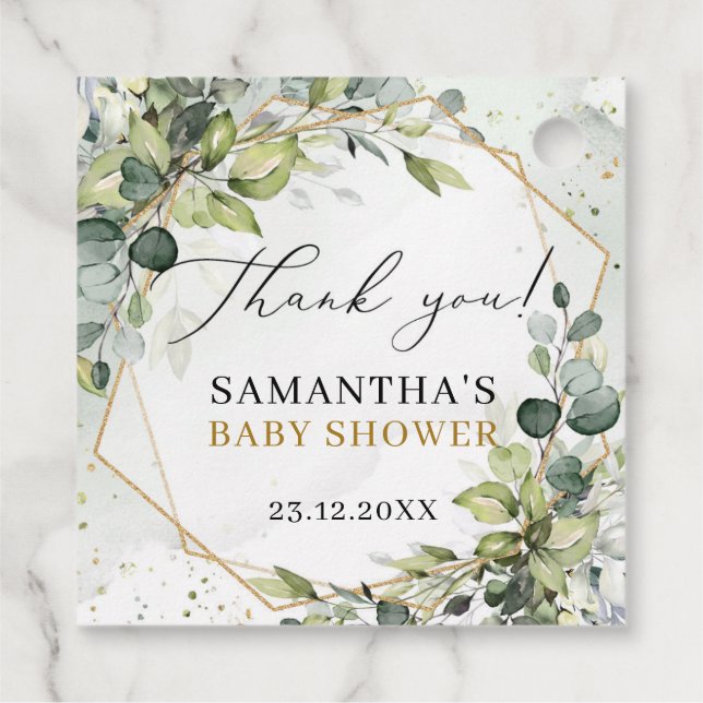 Boho Eucalyptus greenery grenar guld Baby Shower Gåvor Etiketter (Baksida)
