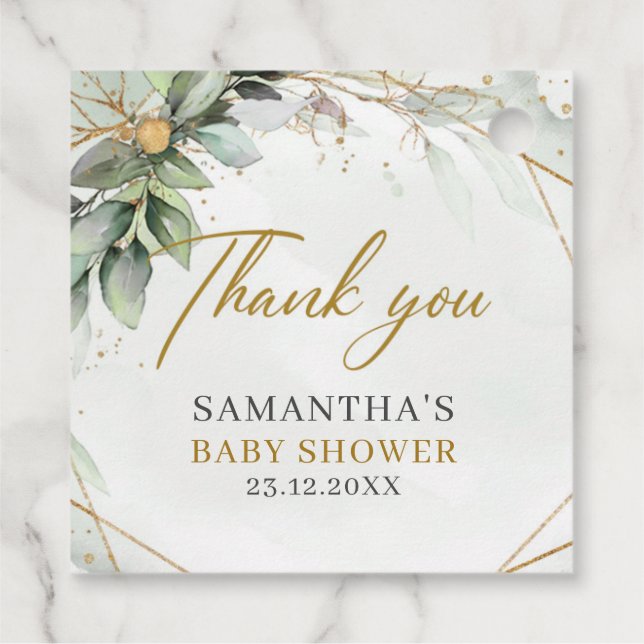 Boho Eucalyptus greenery grenar guld babydusch Gåvor Etiketter (Baksida)