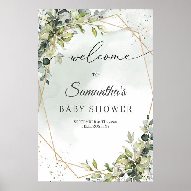 Boho eucalyptus greenery guld Baby Shower Välkomme Poster (Framsidan)