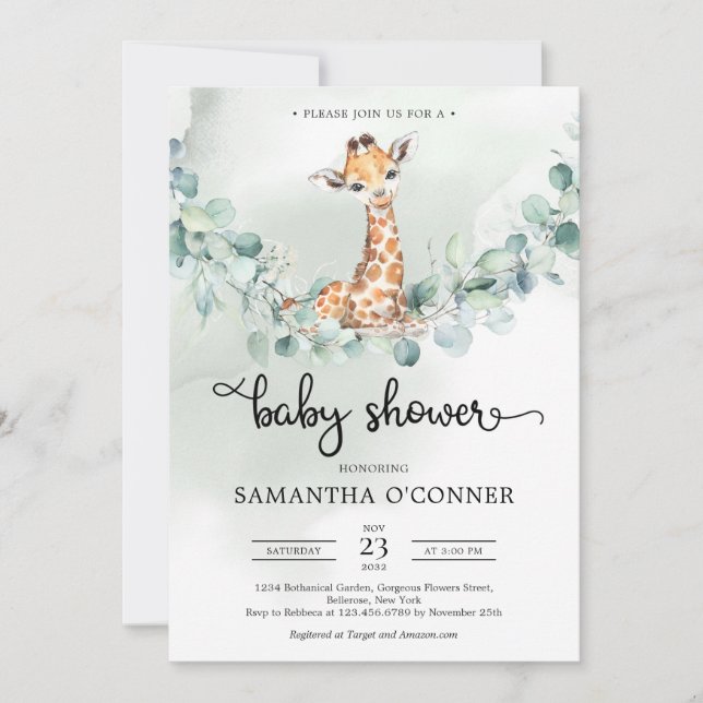 Boho eucalyptus greenery wandee baby giraffe inbjudningar (Framsida)