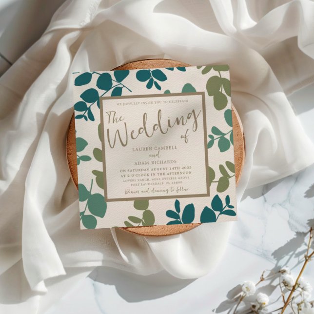 Boho Eucalyptus Grön & Guld Bröllopsinbjudan Inbjudningar (Skapare uppladdad)