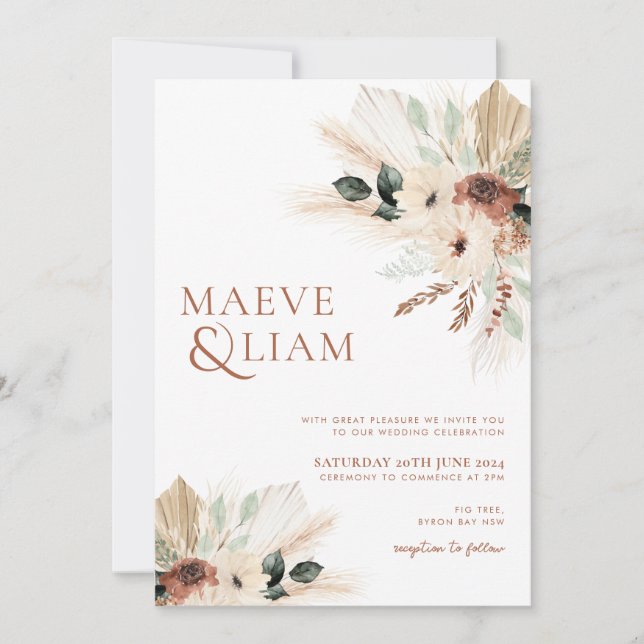 Boho Eucalyptus Grönt Flowers Pampas Bröllop Inbjudningar (Framsida)