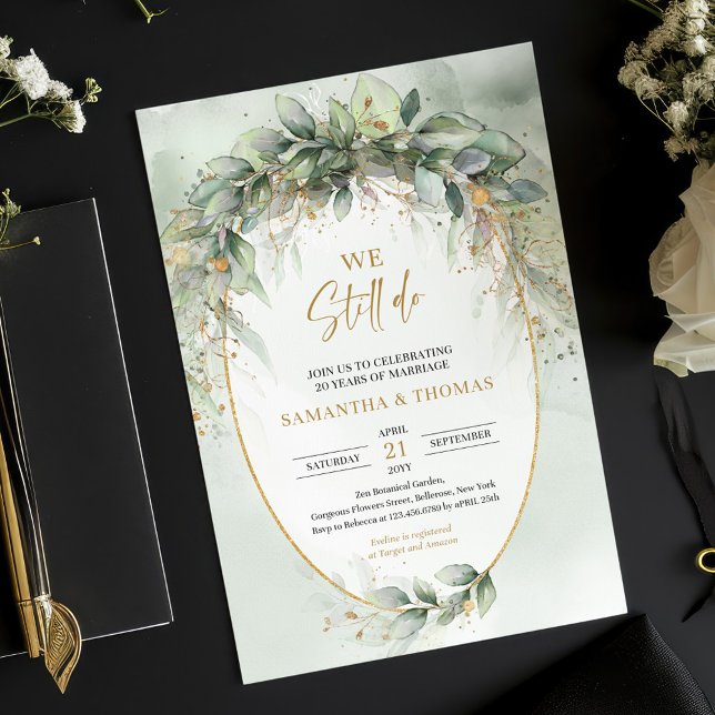 Boho eucalyptus grönt guld Vi bjuder fortfarande i Inbjudningar (Boho watercolor eucalyptus gold frame we still do invitation downloadable)