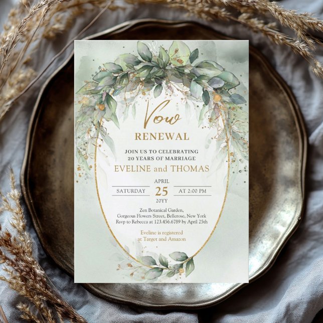 Boho eucalyptus grönt guld vow förnyelse inbjudan (watercolor green eucalyptus wreath vow renewal invitation digital )