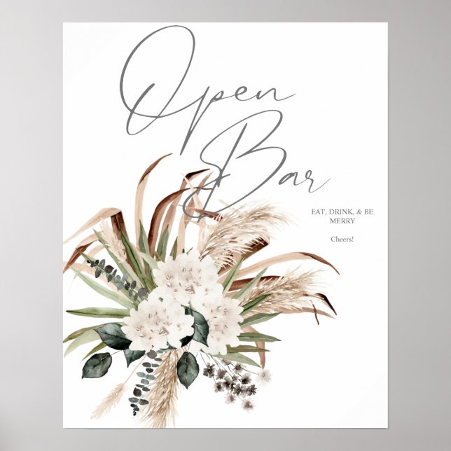 Boho Eucalyptus Pampas & Blommigt Open Pub Sign 2 Poster (Framsidan)