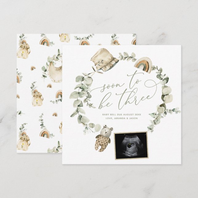 Boho Eucalyptus Three Ultrasound Gravid Reveal Meddelande (Fram/baksida)