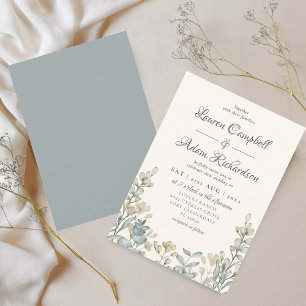Boho Eucalyptus Watercolor Blue & Beige Bröllop Inbjudningar