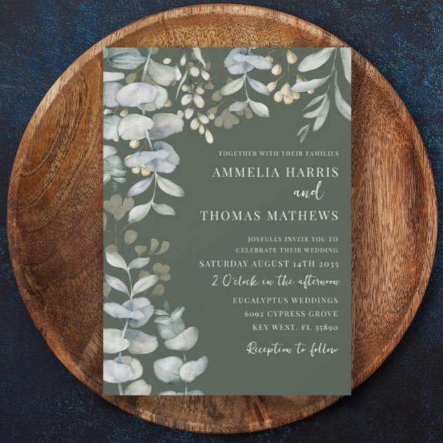 Boho Eucalyputus Mörk grönt Botanical Bröllop Invi Inbjudningar (Skapare uppladdad)