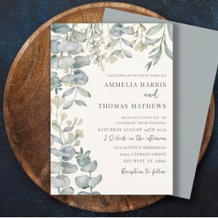 Boho Eucalyputus Sage Dusty Blue Botanical Bröllop Inbjudningar