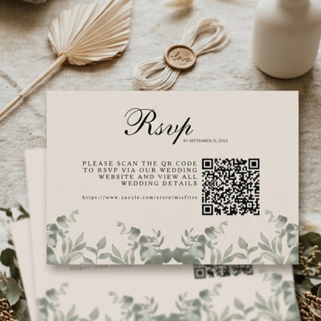 Boho Eukalyptusblad med QR-kod Bröllop OSA Kort (Skapare uppladdad)
