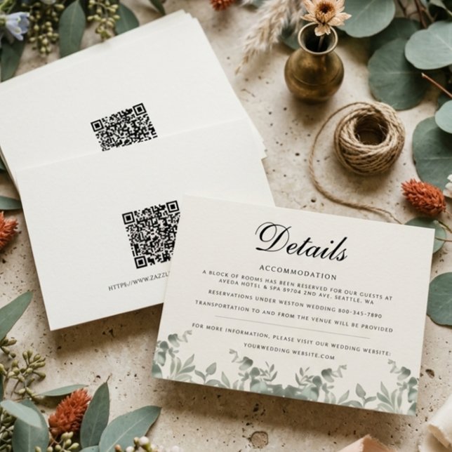 Boho Eukalyptusblad med QR-kod Bröllopsdetaljer Anteckningskort (Skapare uppladdad)
