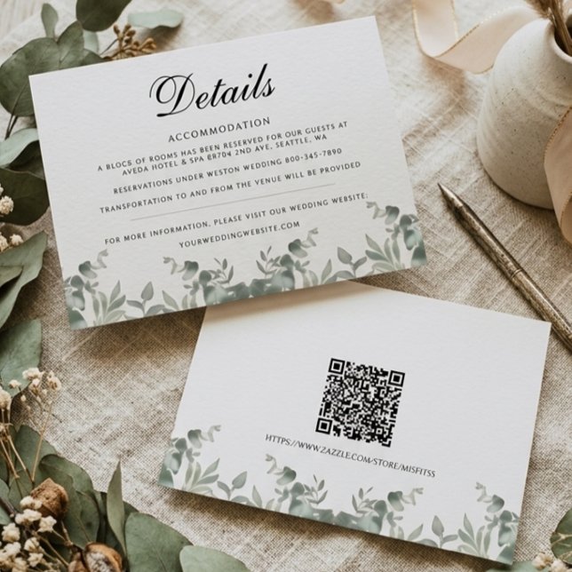 Boho Eukalyptusblad med QR-kod Bröllopsdetaljer Anteckningskort (Skapare uppladdad)
