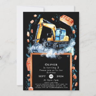 Boho Excavator Construction Birthday Inbjudningar