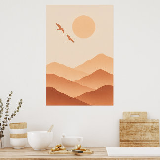 Boho Fåglar & Bergsol – Minimalistisk Natur Poster