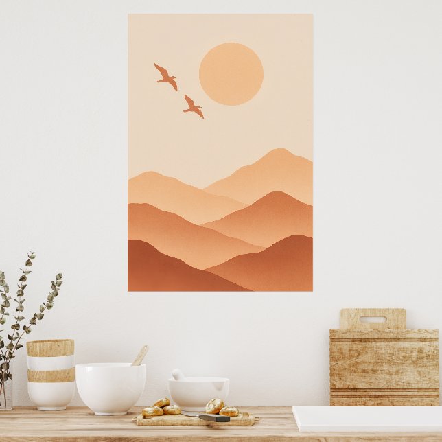 Boho Fåglar & Bergsol – Minimalistisk Natur Poster (Kök)