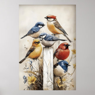 Boho Fåglar På Stakettryck, Fågel Rustik Barnkamma Poster