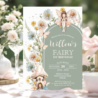 BOHO Fairy 1st Birthday Invitation Wildflower Sage Inbjudningar