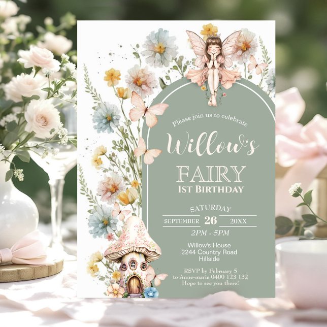 BOHO Fairy 1st Birthday Invitation Wildflower Sage Inbjudningar (Wildflower Fairy 1st Birthday Invitation in Sage green. Forest Fairy with fairy house)