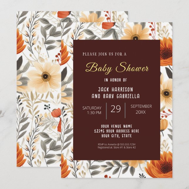 Boho Fall Autumn Blommigt Brown Baby Shower Inbjudningar (Fram/baksida)