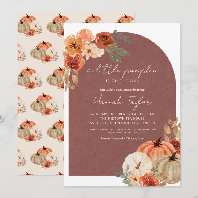 Boho Fall Baby Shower a Little Pumpkin Inbjudningar (Fram/baksida)