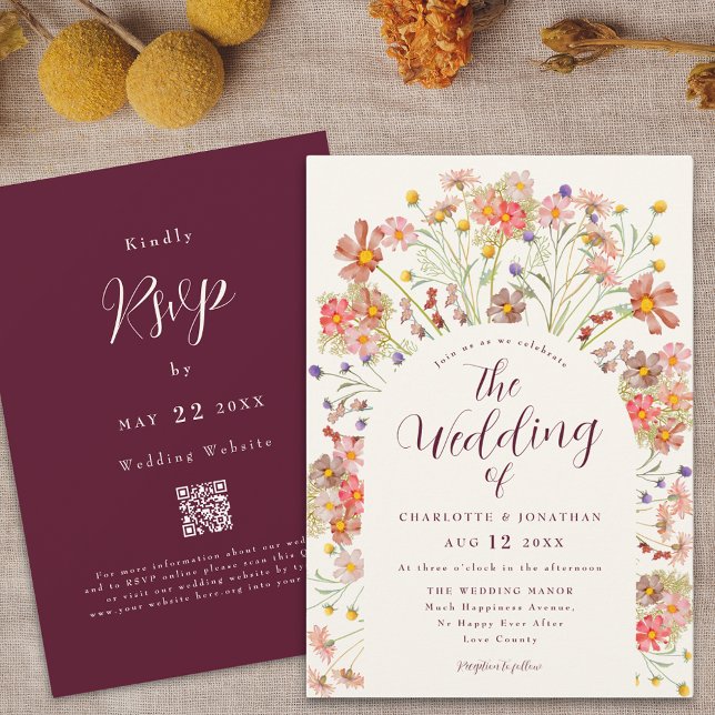 Boho Fall Blommigt Arch Burgundy Cream Bröllop Inbjudningar (Boho fall rustic wildflowers floral arch burgundy ivory cream wedding qr code invitation Watercolor)
