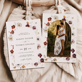 Boho Fall Blommigt Bröllop Arch Photo Inbjudningar