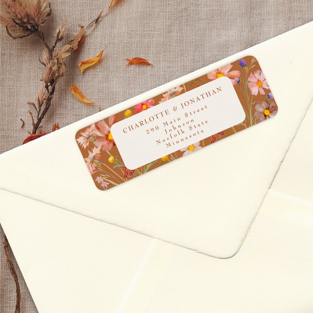 Boho Fall Blommigt Bröllop Returadress Etikett (Terracotta beige cream Wildflower fall Wedding return address label autumn watercolor florals)