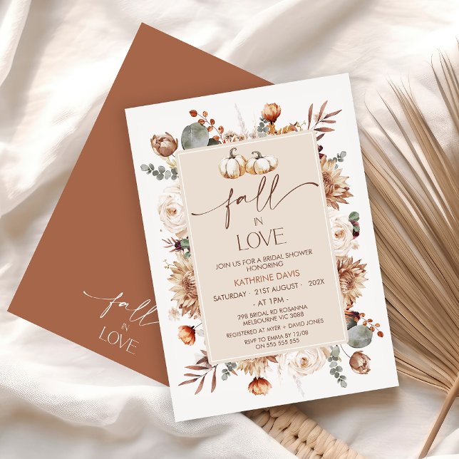 Boho Fall Blommigt Fall in Kärlek Möhippa Inbjudningar (Boho Floral Fall In Love Bridal Shower Invitation, Autumn Bridal Shower Floral Foliage Terracotta)