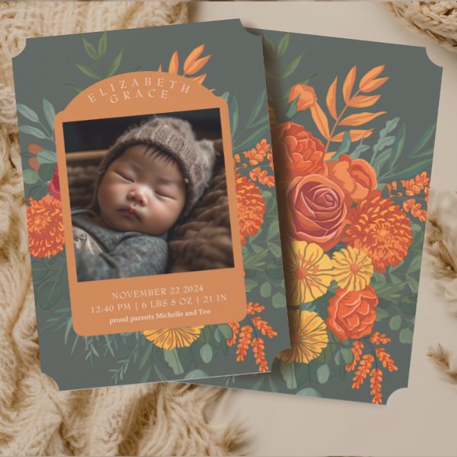 Boho Fall Blommigt Gräns Baby Birth Notice Inbjudningar (Skapare uppladdad)