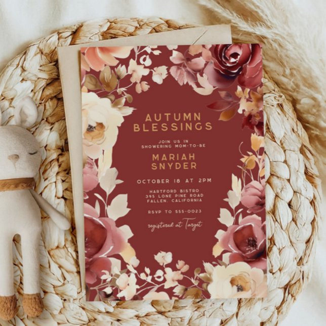 Boho Fall Blommigt Guld Cream Scarlet Baby Shower Inbjudningar (Skapare uppladdad)