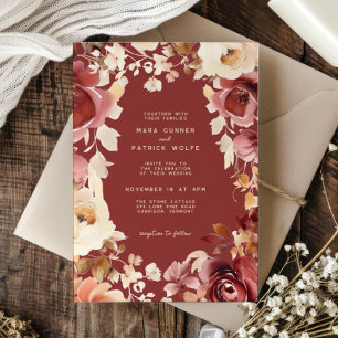 Boho Fall Blommigt Guld Cream Scarlet Bröllop Inbjudningar