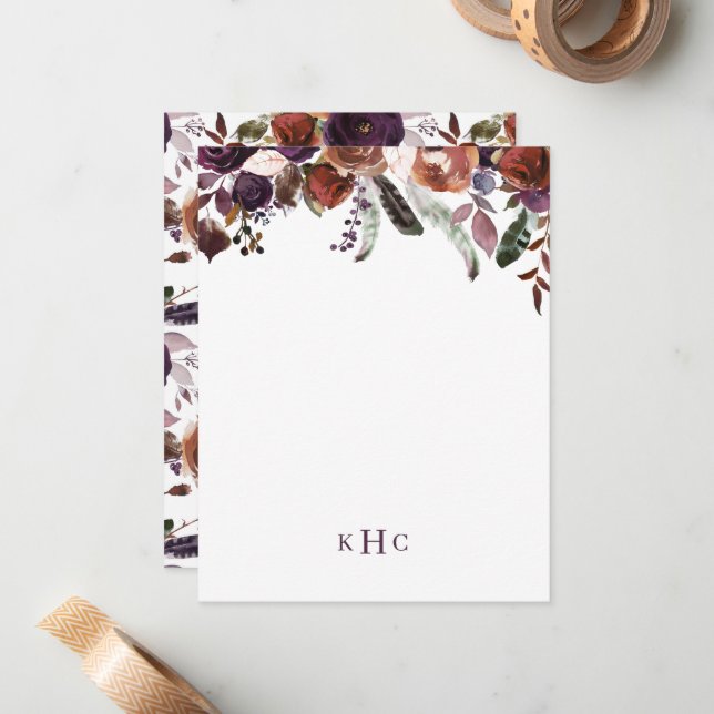 Boho Fall Blommigt Monogrammed Stationery Note-kor Anteckningskort (Fram/Back In Situ)