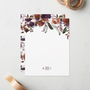 Boho Fall Blommigt Monogrammed Stationery Note-kor Anteckningskort
