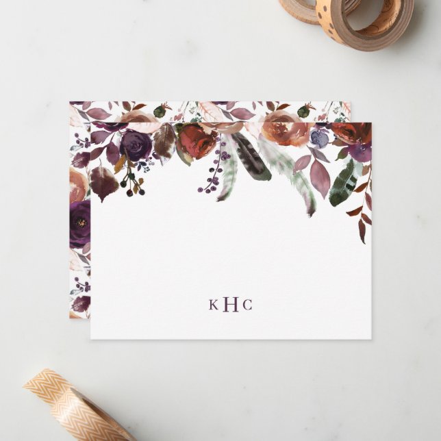 Boho Fall Blommigt Monogrammed Stationery Note-kor Anteckningskort (Fram/Back In Situ)