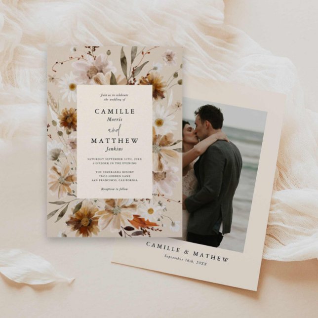 Boho Fall Blommigt Photo Wedding bjudande Inbjudningar (Elegant Fall Floral Wedding Invitation)