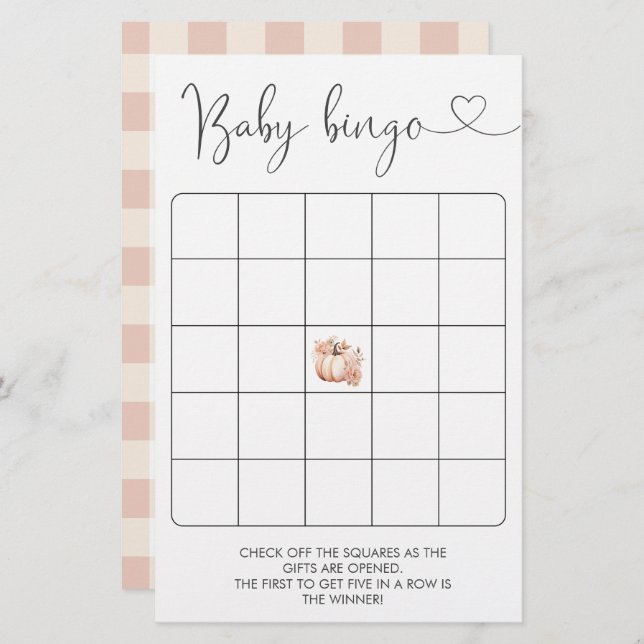 Boho Fall Blommigt Pumpkin Baby Shower Bingo Game (Fram/baksida)