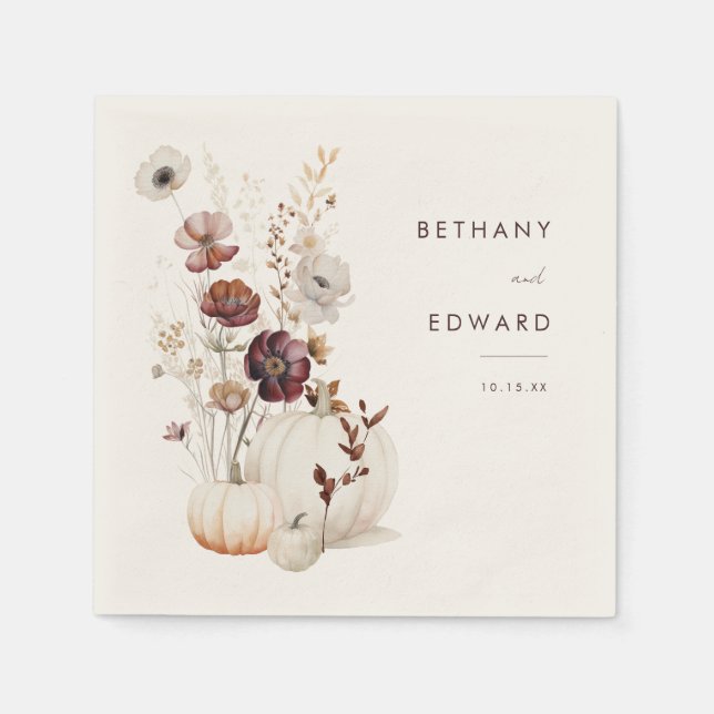 Boho Fall Blommigt Pumpkin Bröllop Pappersservett (Framsidan)