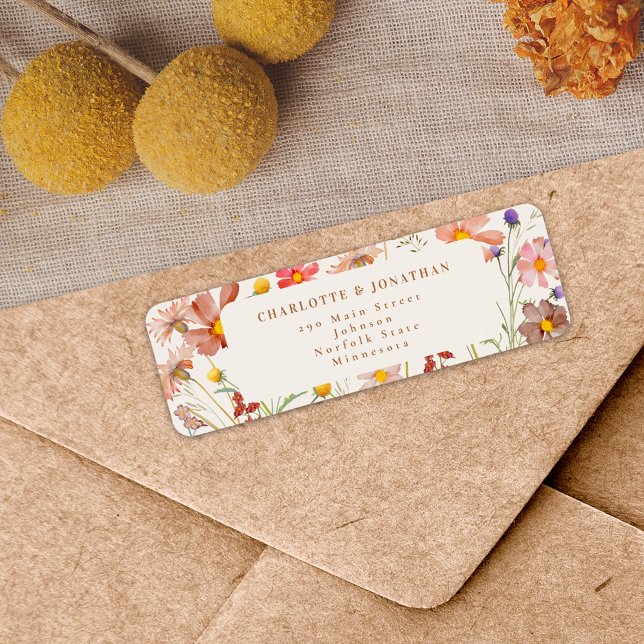 Boho Fall Blommigt Terracotta Beige Bröllop Returadress Etikett (Terracotta burnt orange beige Rustic Wildflower boho fall Wedding return address label stickers)