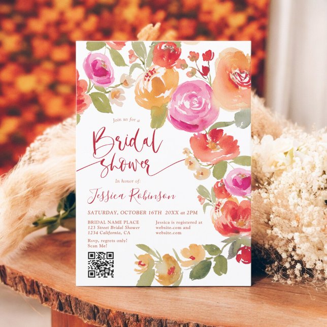 Boho Fall blommigt vattencolor QR-möhippa Inbjudningar (Boho Fall floral watercolor QR bridal shower Invitation)