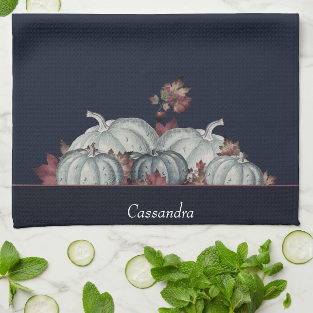 Boho Fall Blue White Watercolor Pumpkin Höst Kökshandduk (Vikta)