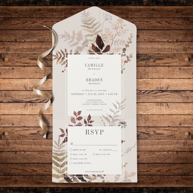 Boho Fall Brown Botanical Bröllop Middag (Modern Autumn Brown Ferns & Leaves Dinner All In One Invitation)