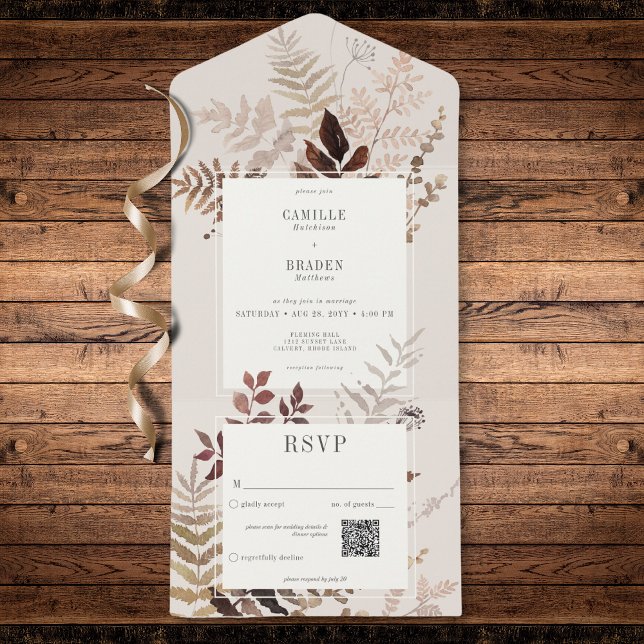 Boho Fall Brown Botanical Bröllop QR-kod (Modern Autumn Brown Ferns & Leaves QR Code All In One Invitation)